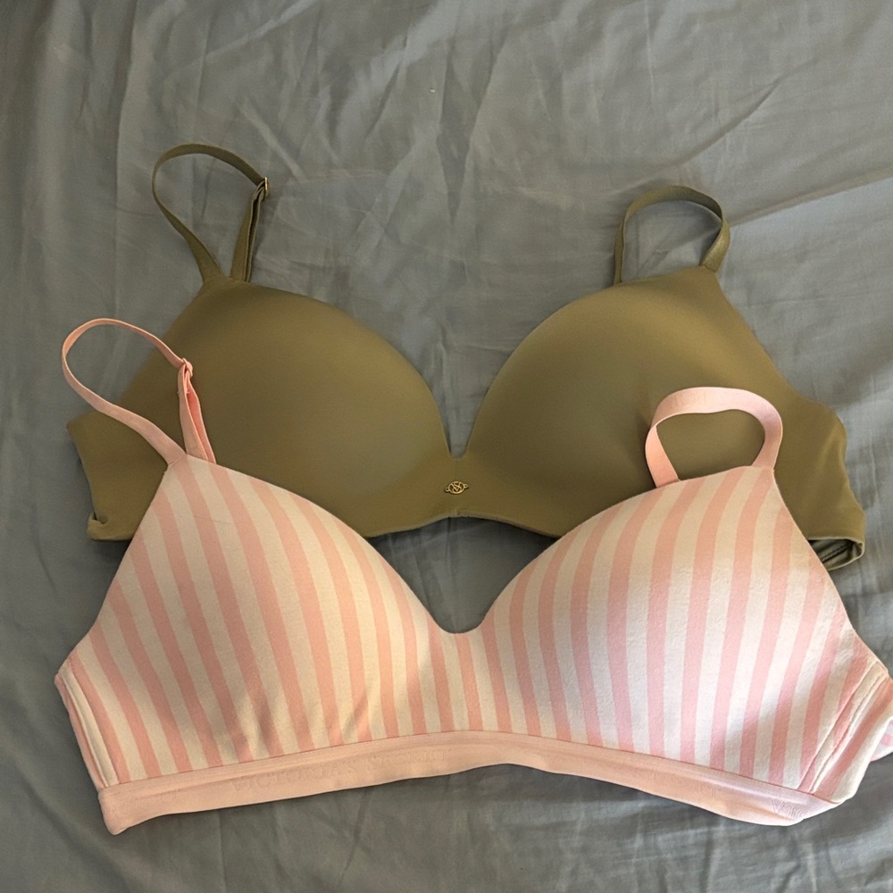 Victoria's Secret Wireless 34DD Bras Olive and Pink Striped Bra Duo